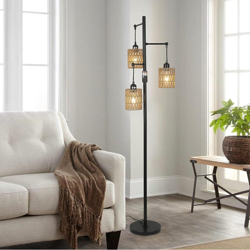 Bohemian Farmhouse Floor Lamp Black 65 Inch Dimmable 3 E26 UL Sockets Natural Rattan Shade Reinforced Metal Base